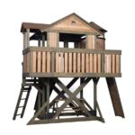 Backyard Discovery Eagles Nest Cedar Wooden Playhouse Playset with 7-Foot Crow’s Nest Wave Slide and Rock Climbing Wall